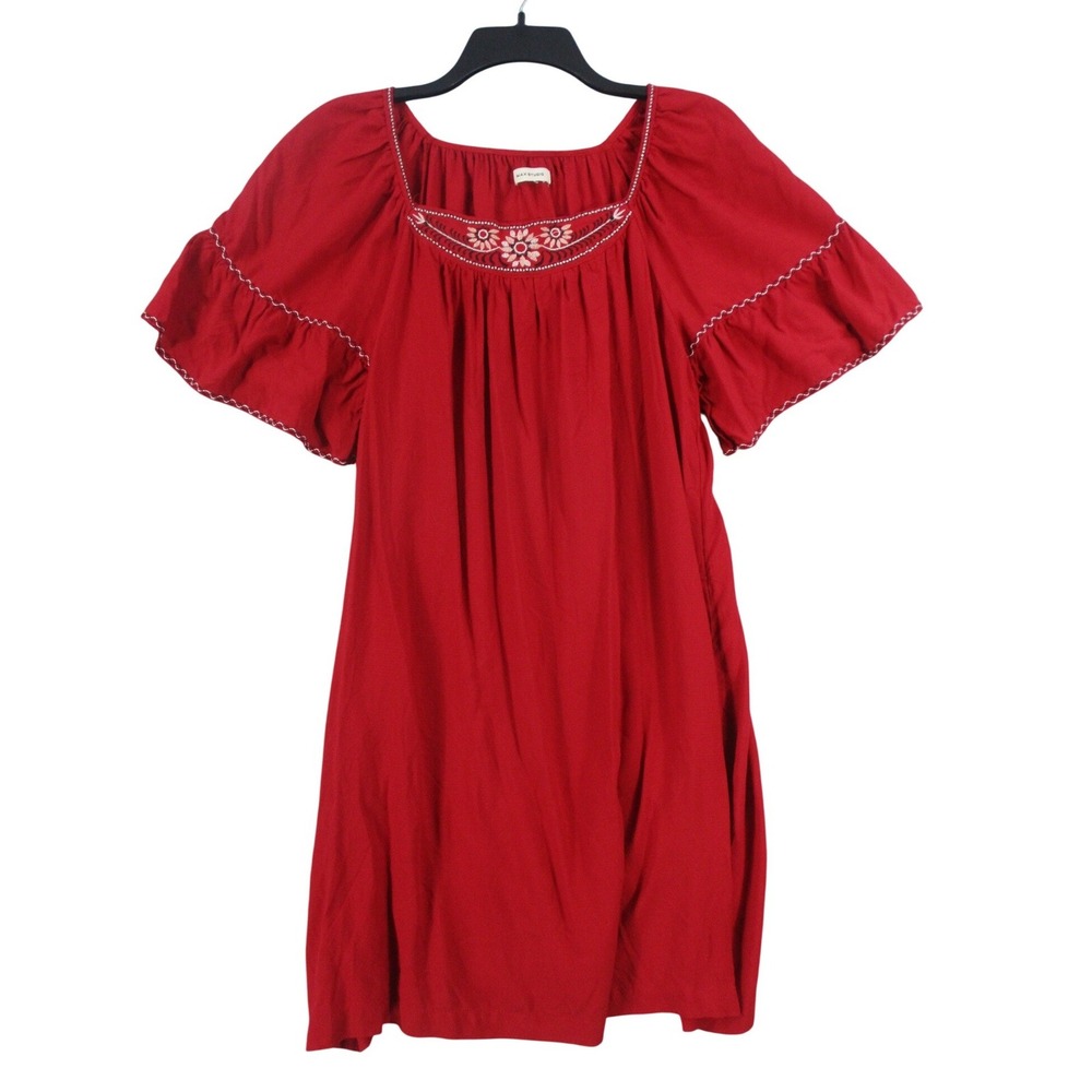 Max Studio Red Embroidered Peasant Mini Dress Ruffle Sleeve Rayon S